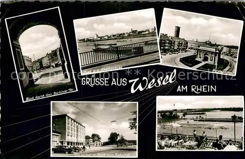 AK / Ansichtskarte Wesel Rhein Blick dur das Berliner Tor Rheinbruecke Badeanstalt Kat. Wesel