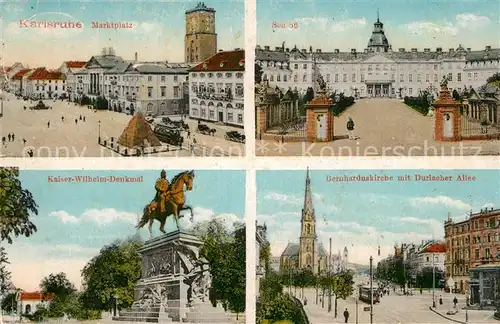 AK / Ansichtskarte Karlsruhe Baden Marktplatz Schloss Kaiser Wilhelm Denkmal Bernharduskirche mit Durlacher Allee