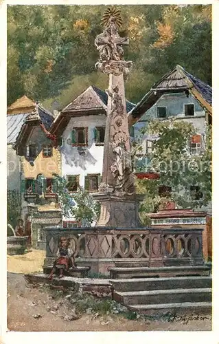 AK / Ansichtskarte Hallstadt Bayern Marktplatz Brunnen Kuenstlerkarte Kat. Hallstadt