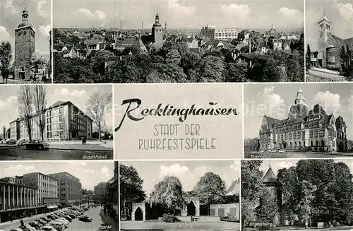 AK / Ansichtskarte Recklinghausen Westfalen Stadt der Ruhrfestspiele Kirche Stadthaus Rathaus Engelsburg Ehrenmal Markt Kat. Recklinghausen