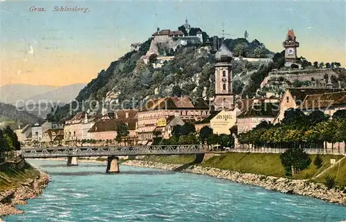 AK / Ansichtskarte Graz Steiermark Partie an der Mur Bruecke Blick zum Schlossberg Kat. Graz