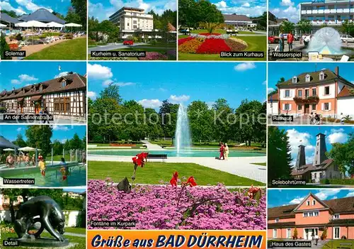 AK / Ansichtskarte Bad Duerrheim Solemar Kurheim Sanatorium Kurhaus Wasserspiel Salinenstrasse Wassertreten Detail Fontaene Kurpark Rathaus Solebohrtuerme Haus des Gastes Kat. Bad Duerrheim