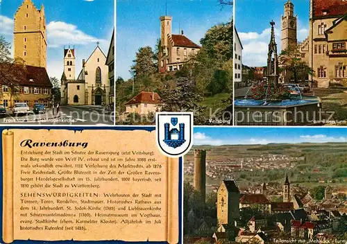 AK / Ansichtskarte Ravensburg Wuerttemberg Frauentor Liebfrauenkirche Veitsburg Brunnen Blaeserturm Panorama mit Mehlsack Turm Kat. Ravensburg