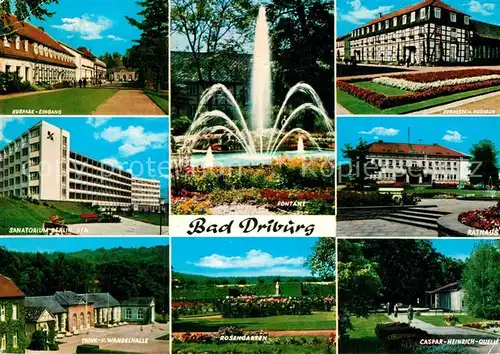 AK / Ansichtskarte Bad Driburg Kurpark Sanatorium Berlin BfA Trink und Wandelhalle Fontaene Rosengarten Kurhotel Rathaus Caspar Heinrich Quelle Kat. Bad Driburg