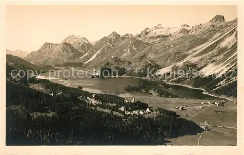 AK / Ansichtskarte Sils Maria Graubuenden Fliegeraufnahme Blick von der letzten Bank auf Silsersee und Maloja Kat. Sils Maria