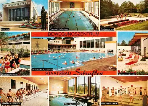 AK / Ansichtskarte Bad Salzuflen Staatsbad Bewegungszentrum Eingang Hallenbad Kneippgarten Thermalsole Freibad Sonnenterrasse Fahrad Ergomenter Bewegungsbad Gymnastikhalle Kat. Bad Salzuflen