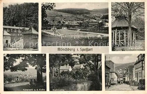 AK / Ansichtskarte Moenchberg Spessart Schwimmbad Waldhaeuschen Waldmuehle Ruhebank Eiche Kat. Moenchberg