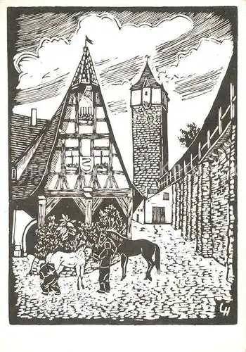 AK / Ansichtskarte Rothenburg Tauber Gerlach Schmiede Holzschnitt Hinrichs Kat. Rothenburg ob der Tauber