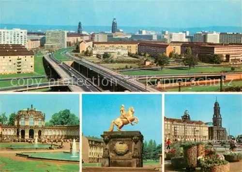 AK / Ansichtskarte Dresden Neubauten Altstadt Hochstrasse Wallpavillon im Zwinger Goldener Reiter Kreuzkirche am Altmarkt Kat. Dresden Elbe