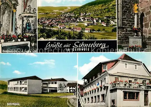 AK / Ansichtskarte Schneeberg Unterfranken Gnadenbild Panorama Statue Schulhaus Gasthaus zum Hirsch Kat. Schneeberg