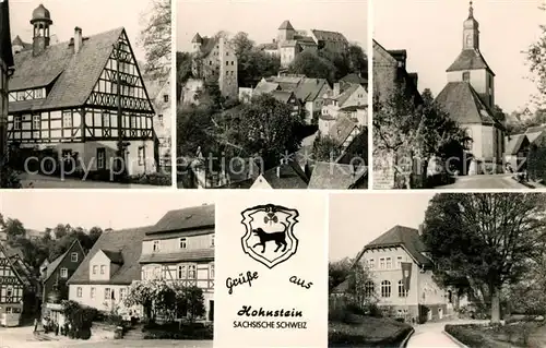 AK / Ansichtskarte Hohnstein Saechsische Schweiz Teilansichten mit Kirche Jugendburg Fachwerkhaus Wappen Kat. Hohnstein