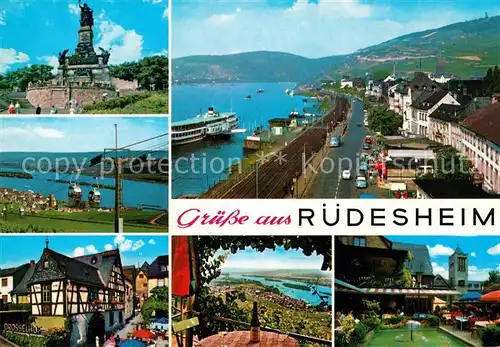 AK / Ansichtskarte Ruedesheim Rhein Denkmal Kabinen Seilbahn Rheinpartie Fachwerkhaus Panorama Schwimmbad Kat. Ruedesheim am Rhein