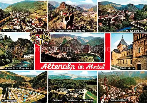 AK / Ansichtskarte Altenahr Burgblick Weisses Kreuz Burg Are Ahrpartie Kath Kirche Campingplatz Bellevue Sessel Seilbahn Kat. Altenahr