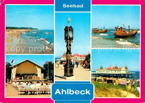 AK / Ansichtskarte Ahlbeck Ostseebad Seebruecke Strand Konzertpavillon Stranduhr Kat. Heringsdorf Insel Usedom