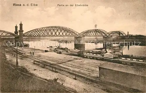 AK / Ansichtskarte Riesa Sachsen Partie an der Elbebruecke Dampfer Kat. Riesa