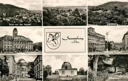 AK / Ansichtskarte Sonneberg Thueringen Kappelblick Panorama Schlossberg Rathaus SVK und Postamt Spielzeugmuseum Sternwarte Lutherhaus Kat. Sonneberg