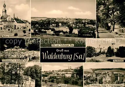 AK / Ansichtskarte Waldenburg Sachsen Rathaus Freilichtbuehne Gruenfelder Park TBC Heilstaette Eichenallee Kat. Waldenburg Sachsen