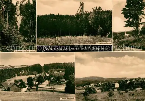 AK / Ansichtskarte Johanngeorgenstadt Teufelsstein Steinbachtal Erzgebirgsschanze Kirche Panorama Kat. Johanngeorgenstadt