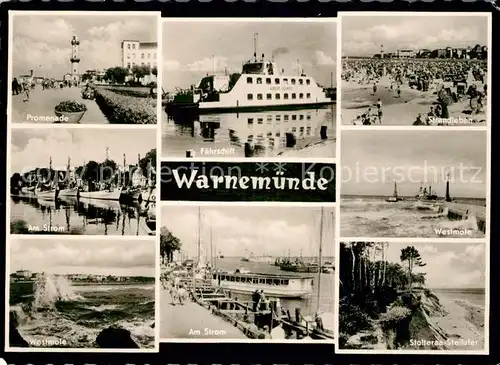 AK / Ansichtskarte Warnemuende Ostseebad Promenade Faehrschiff Strandleben Stolteraa Steilufer Strom  Kat. Rostock