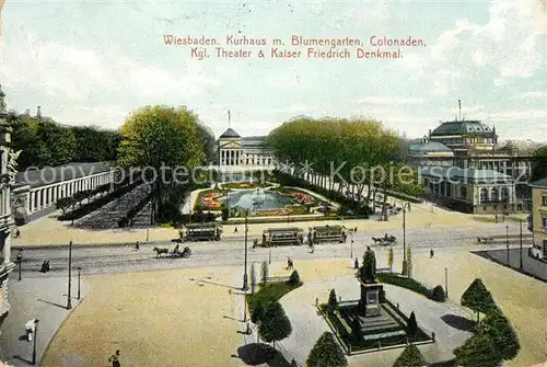 AK / Ansichtskarte Wiesbaden Kurhaus Blumengarten Colonaden Theater Kaiser Friedrich Denkmal Strassenbahnen Pferdekutschen Kat. Wiesbaden