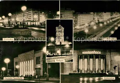 AK / Ansichtskarte Berlin Stalinallee Deutsche Sporthalle Volksbuehne Rathaus Abendstimmung Kat. Berlin