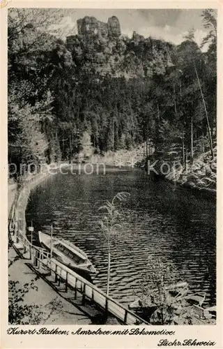 AK / Ansichtskarte Rathen Saechsische Schweiz Amselsee mit Lokomotive Felsformation Elbsandsteingebirge Kat. Rathen Sachsen