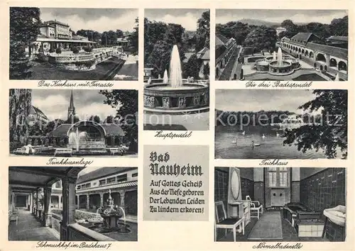 AK / Ansichtskarte Bad Nauheim Kurhaus Terrasse Sprudel Trinkkuranlage Teichhaus Schmuckhof Badehaus Badezelle Kat. Bad Nauheim