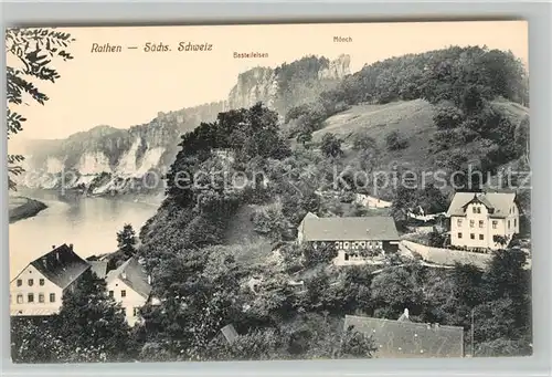 AK / Ansichtskarte Rathen Saechsische Schweiz Teilansicht mit Elbeblick Basteifelsen Moench Elbsandsteingebirge Kat. Rathen Sachsen