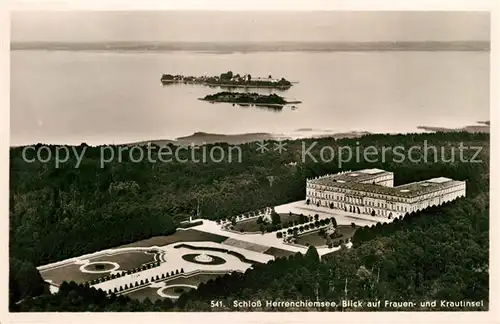 AK / Ansichtskarte Herrenchiemsee Fliegeraufnahme Schloss Frauen  und Krautinsel Kat. Chiemsee