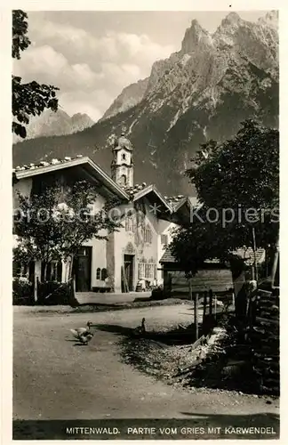 AK / Ansichtskarte Mittenwald Bayern Partie vom Gries mit Karwendel Kat. Mittenwald