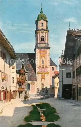 AK / Ansichtskarte Mittenwald Bayern Kirche mit Klotz Denkmal und Goethehaus Kat. Mittenwald