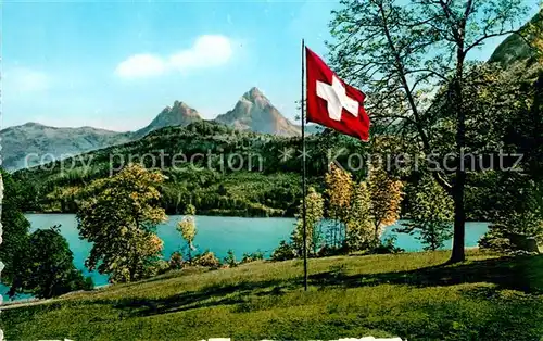 AK / Ansichtskarte Ruetli Vierwaldstaettersee Ruetliwiese Schweizer Flagge und die Mythen