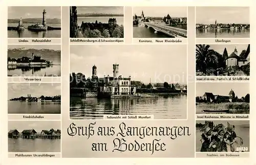 AK / Ansichtskarte Langenargen Bodensee und Umgebung Hafen Schloss Montfort Trachten Insel Pfahlbauten Kat. Langenargen
