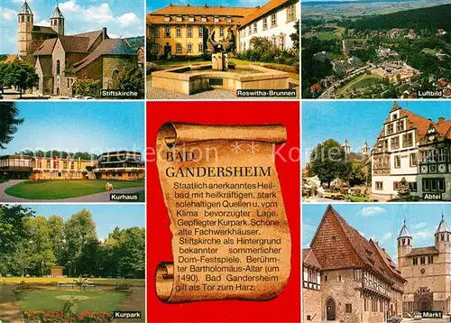 AK / Ansichtskarte Bad Gandersheim Stiftskirche Roswitha Brunnen Abtei Markt Kurpark Kurhaus Luftbild Kat. Bad Gandersheim