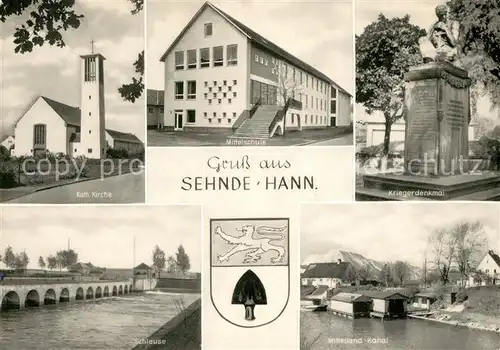 AK / Ansichtskarte Sehnde Kath Kirche Mittelschule Kriegerdenkmal Schleuse Mittelland Kanal Kat. Sehnde