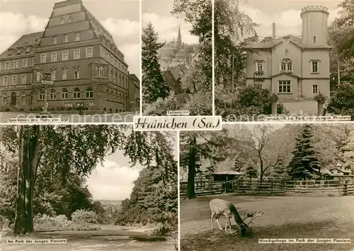 AK / Ansichtskarte Hainichen Sachsen Sparkasse Platz der DSF Parkschloss Hirschgehege im Park der Jungen Pioniere Kat. Hainichen Sachsen