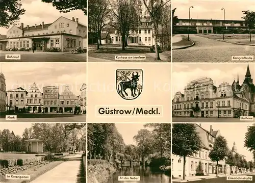 AK / Ansichtskarte Guestrow Mecklenburg Vorpommern Bahnhof Kurhaus am Inselsee Kongresshalle Markt Rathaus Rosengarten An der Nebel Eisenbahnstrasse Kat. Guestrow