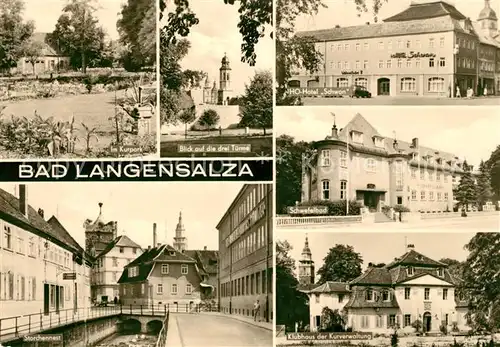 AK / Ansichtskarte Bad Langensalza Kurpark Drei Tuerme HO Hotel Schwan Schwefelbad Storchennest Klubhaus der Kurverwaltung Kat. Bad Langensalza