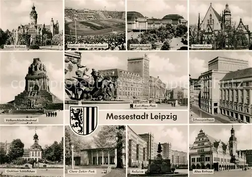 AK / Ansichtskarte Leipzig Neues Rathaus Stadion der Hunderttausend Hauptbahnhof Thomaskirche Voelkerschlachtdenkmal Karl Marx Platz Schauspielhaus Gohliser Schloesschen Clara Zetkin Park Rossplatz Altes Rathaus Kat. Leipzig