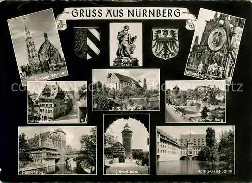 AK / Ansichtskarte Nuernberg Schoener Brunnen Hans Sachs Burg Henkersteg Sinwellturm Kat. Nuernberg