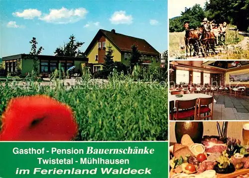 AK / Ansichtskarte Twistetal Gasthof Pension Bauernschaenke Pferdekutsche Gastraum Fruehstuecksbueffet Kat. Twistetal