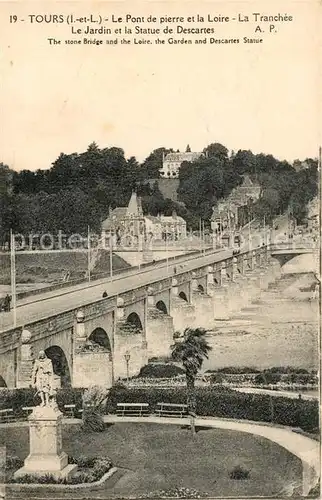 AK / Ansichtskarte Tours Indre et Loire Pont de pierre et la Loire La Tranchee Jardin et Statue de Descartes Kat. Tours