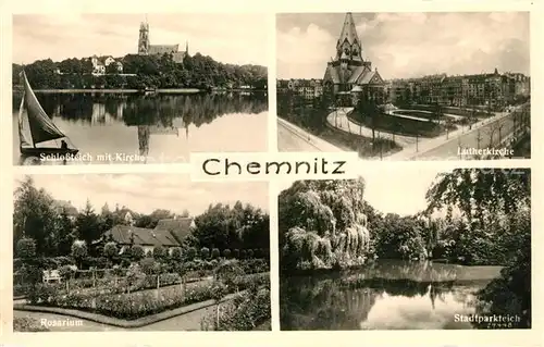 AK / Ansichtskarte Chemnitz Schlossteich Kirche Lutherkirche Rosarium Stadtparkteich Kat. Chemnitz