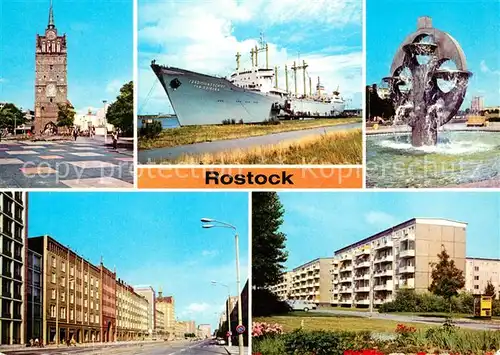 AK / Ansichtskarte Rostock Mecklenburg Vorpommern Kroepeliner Tor Traditionsschiff Typ Frieden Suedstadt Wasserspiele Lange Strasse Suedstadt Pawlowstrasse Kat. Rostock