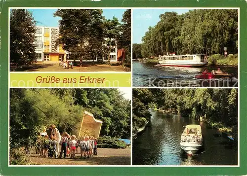 AK / Ansichtskarte Erkner Lenin Oberschule Schiffsanlegestelle Daemeritzsee Rathauspark Loecknitzkanal Kat. Erkner