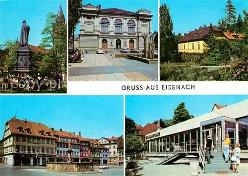 AK / Ansichtskarte Eisenach Thueringen Lutherdenkmal Landestheater Kartausgarten Markt Ausstellungspavillon VEB Automobilwerk Kat. Eisenach