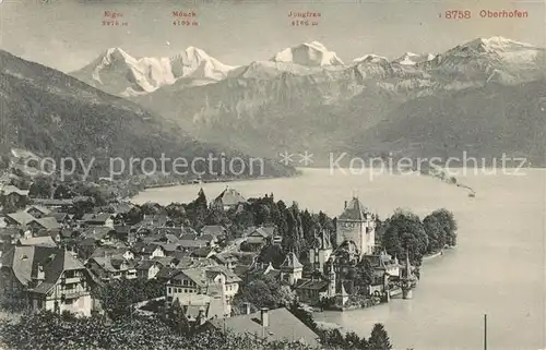 AK / Ansichtskarte Oberhofen Thunersee mit Eiger Moench und Jungfrau Kat. Oberhofen Thunersee