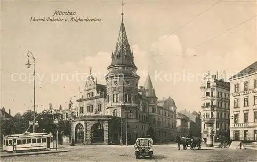 AK / Ansichtskarte Muenchen Loewenbraeukeller und Stiglmaierplatz Strassenbahn Pferdekutsche Kat. Muenchen