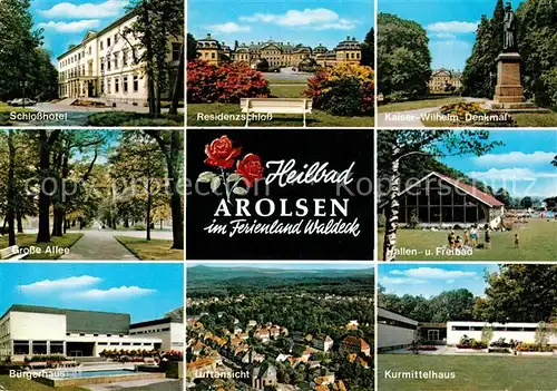 AK / Ansichtskarte Bad Arolsen Schlosshotel Residenzschloss Kaiser Wilhelm Denkmal Grosse Allee Hallenbad Freibad Kurmittelhaus Buergerhaus Luftansicht Kat. Bad Arolsen