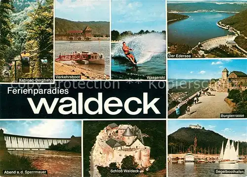 AK / Ansichtskarte Waldeck Edersee Kabinenbergbahn Verkehrsboot Wasserski Burgterrasse Segelboothafen Schloss Sperrmauer